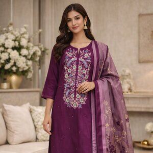 Majestic Plum Silk-Blend Embroidered Kurta Set